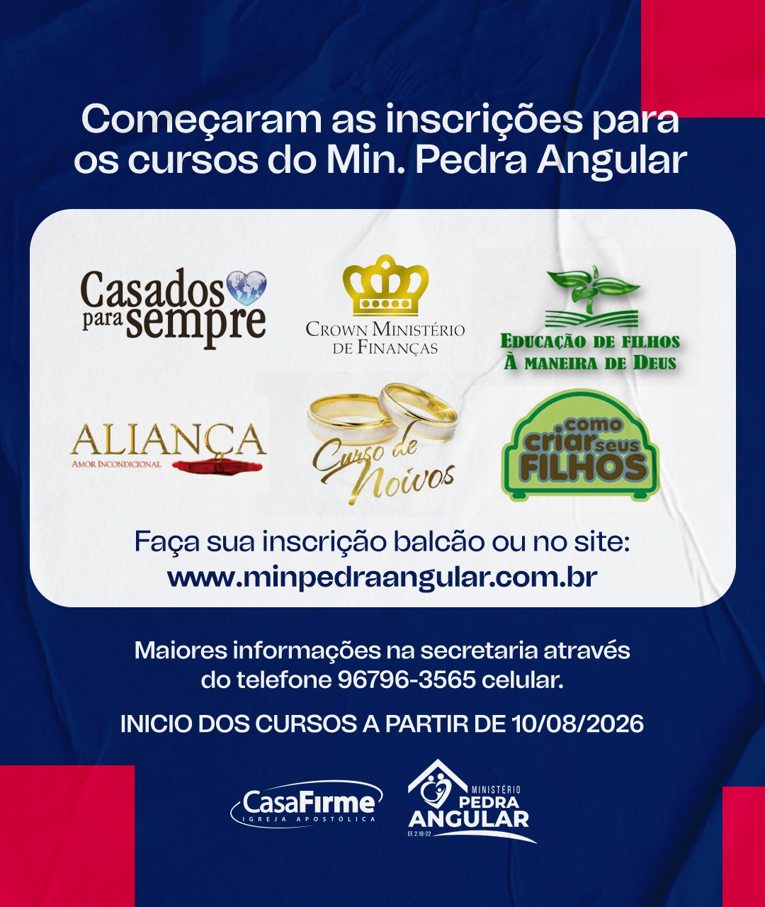 Começaram as inscrições para os cursos do Ministério Pedra Angular